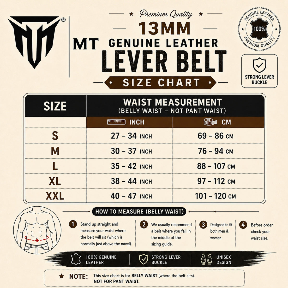 MT 13mm Premium Genuine Leather Lever Belt | Powerlifting & Weightlifting Gym Belt for Men & Women