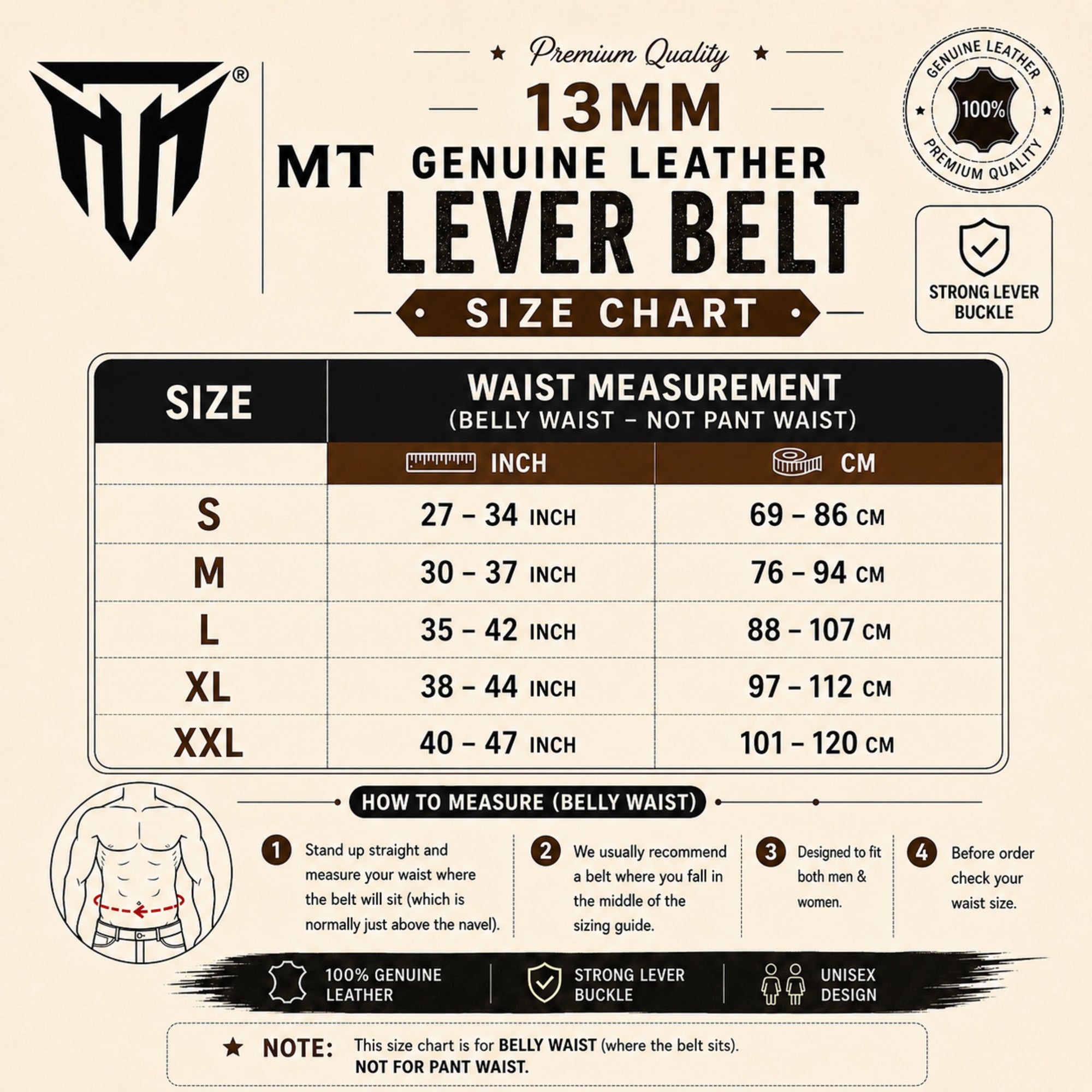 MT 13mm Premium Genuine Leather Lever Belt | Powerlifting & Weightlifting Gym Belt for Men & Women